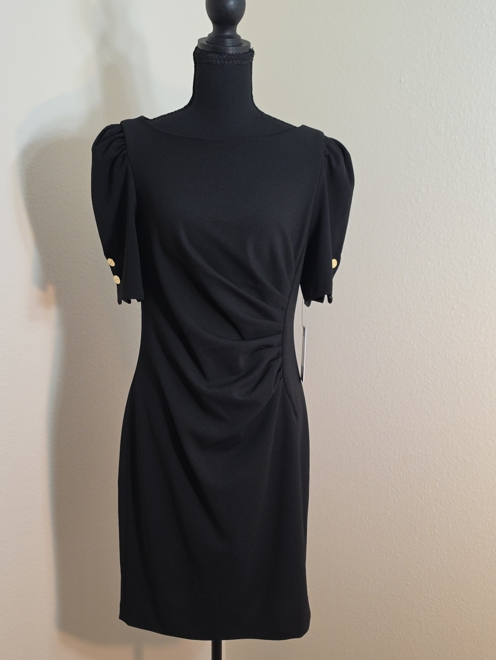 Dkny Black Mini Dress with Puff Sleeves and Gold Button Accents
